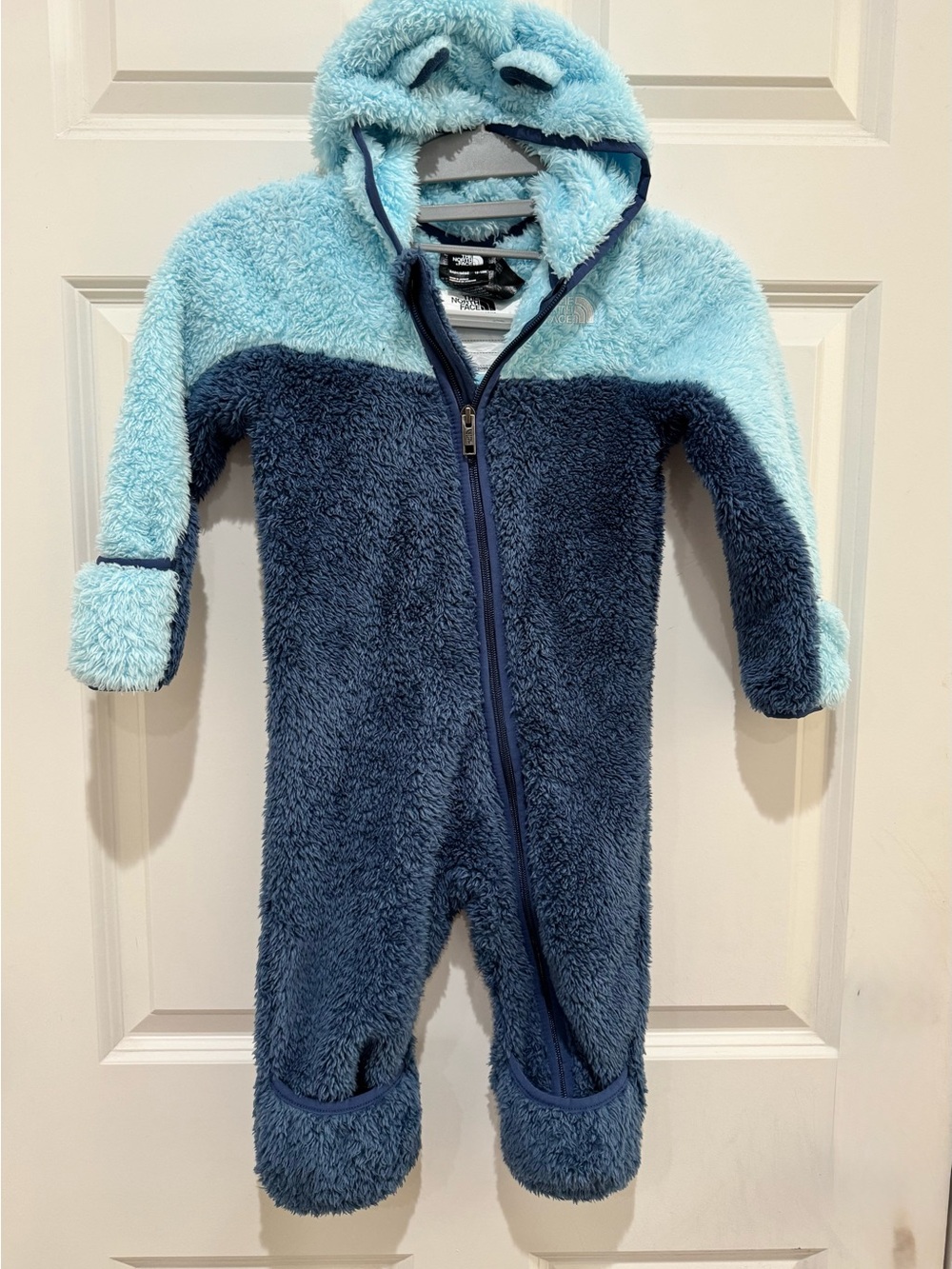 North Face Baby Two-Tone Fleece One-Piece Jumpsuit - Light Blue & Navy Sz 12-18m